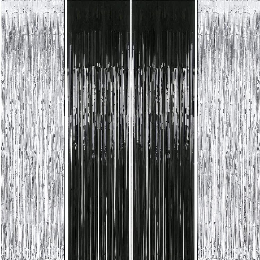Silver & Black Metallic Tinsel Fringe Foil Curtains