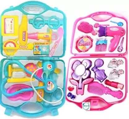 combo of doctor set and beauty set toy for kids- Multi color
