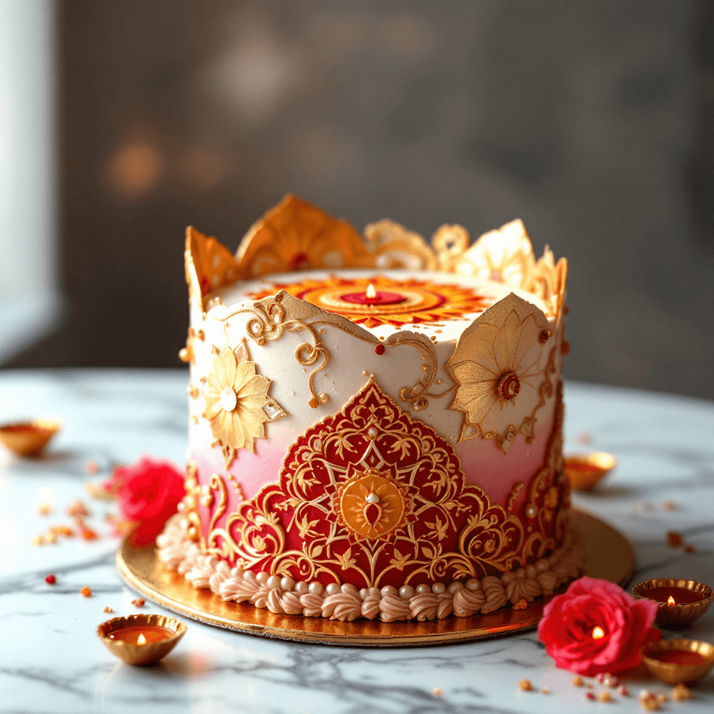A festive Diwali cake with deep jewel tones, diya motifs, rangoli patterns in edible colours and golden shimmering finish