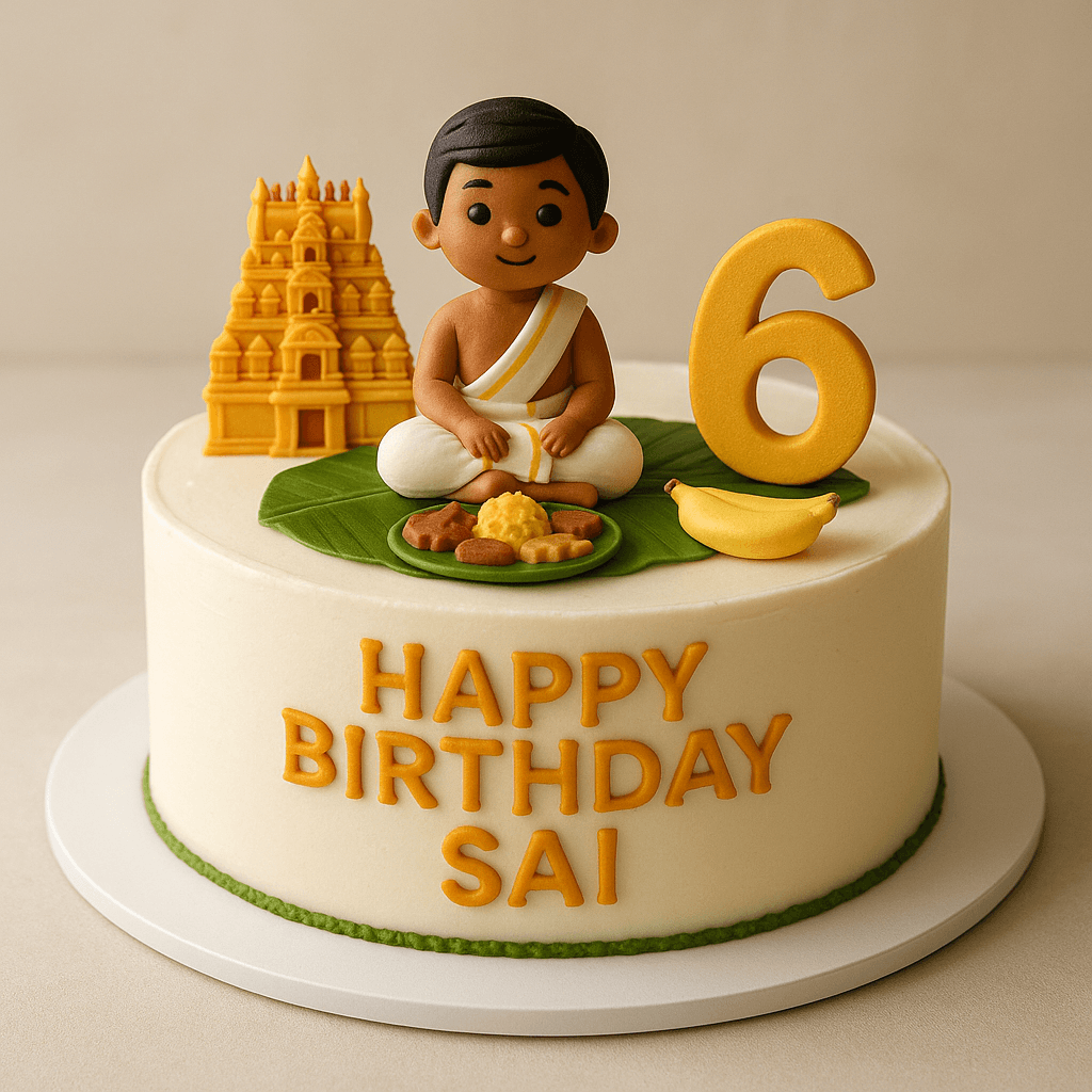 A South Indian theme cake for 6 years boy. Make it more esthetic and realistic. Take the inspiration from real authentic south indian bakwaas