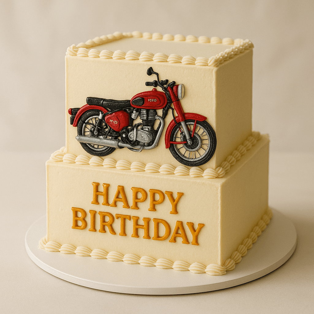 A cake showing bullet 550 bike in red color on vanila cake