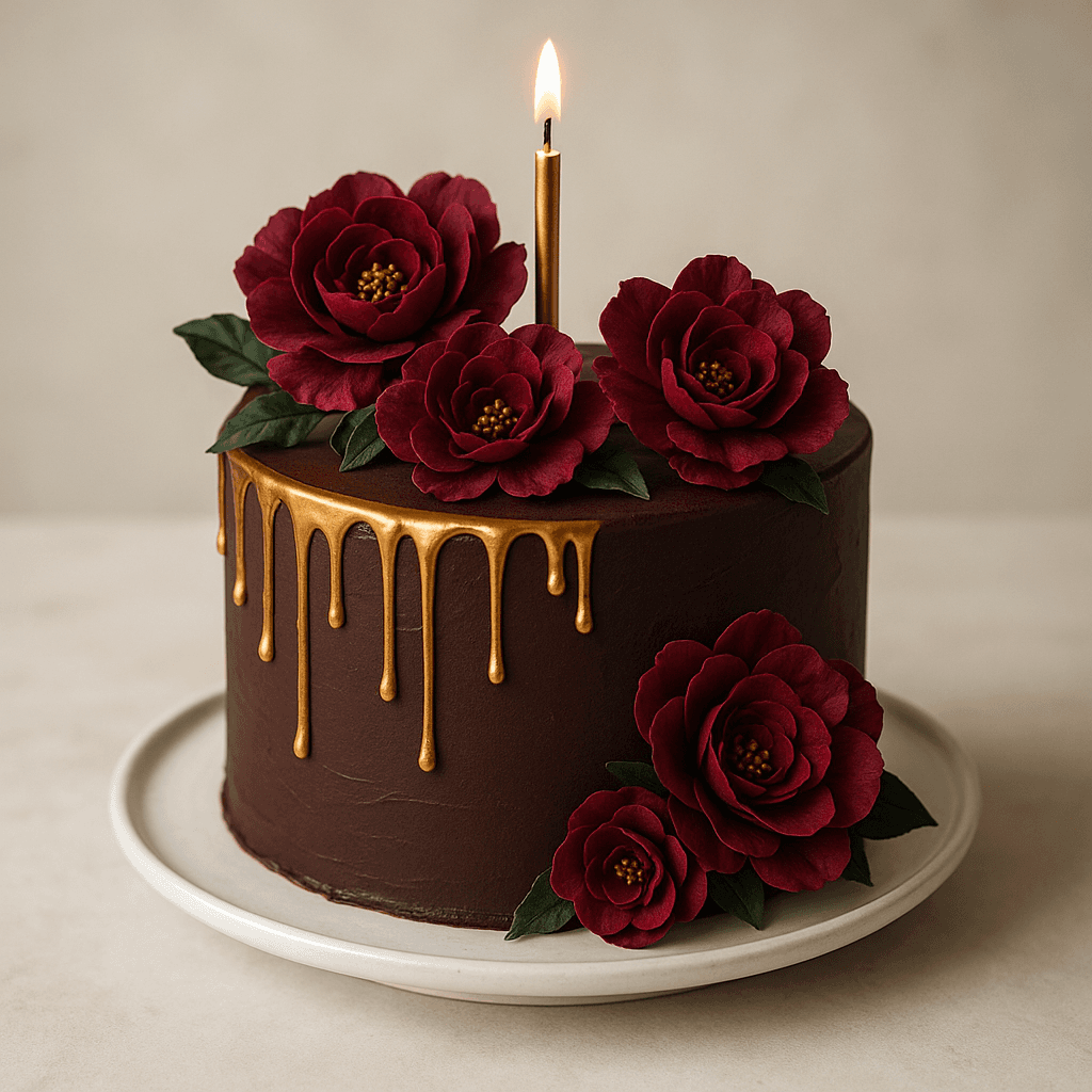 A single-tier dark chocolate cake with deep burgundy sugar flowers, gold drip and moody romantic vibes