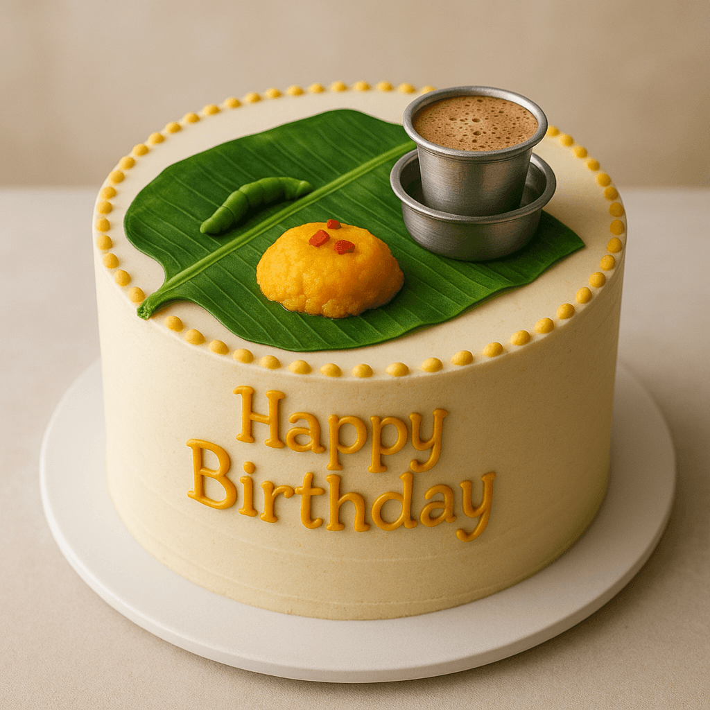 South Indian theme cake dipicting banana leaf, filter coffee, kesri bath and beauty of South