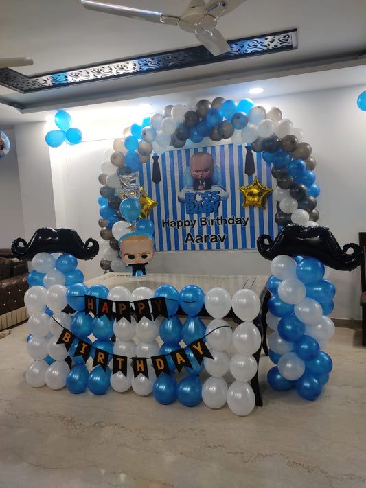 Baby Boss Theme Balloons Decoration With White, Blue & Black Balloons, Happy Birthday Banner,Two Foil Mustache,Two Baby Foil & Boss Baby Curtain.