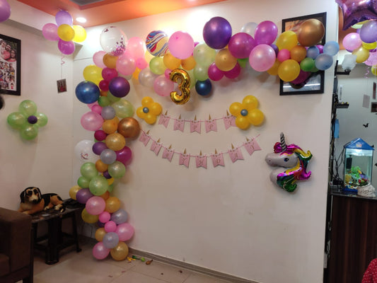 Unicorn Theme Purple , Green, Yellow, Pink, Brown, Blue, Golden Balloons & Happy Birthday Banner