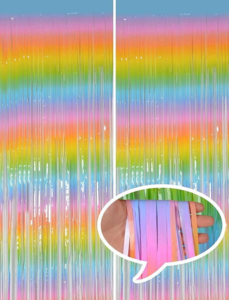 Metallic Backdrop Pastel Rainbow Foil Fringe Curtain (2 Pack; 3.5ft x 6.5ft Each)