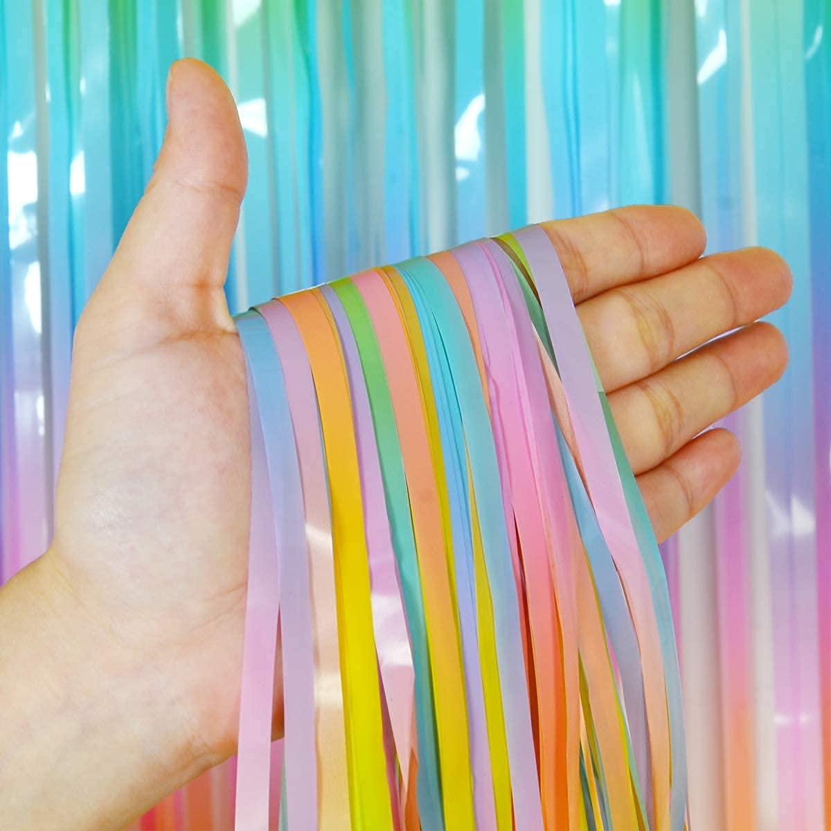 Metallic Backdrop Pastel Rainbow Foil Fringe Curtain (2 Pack; 3.5ft x 6.5ft Each)