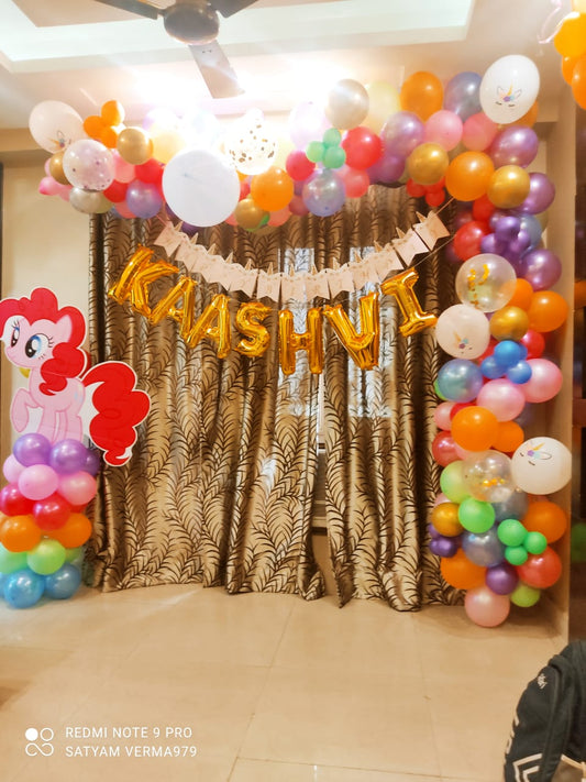 Colorful Balloons Decoration With Purple, Blue Red, Green, Pink, Orange, Yellow, White, Golden & Unicorn Theme Happy Birthday Banner.