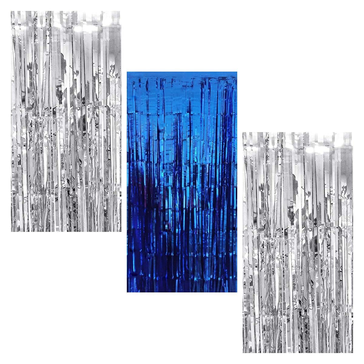 Silver Blue Foil Fringe Metallic Tinsel Curtains Pack of 3