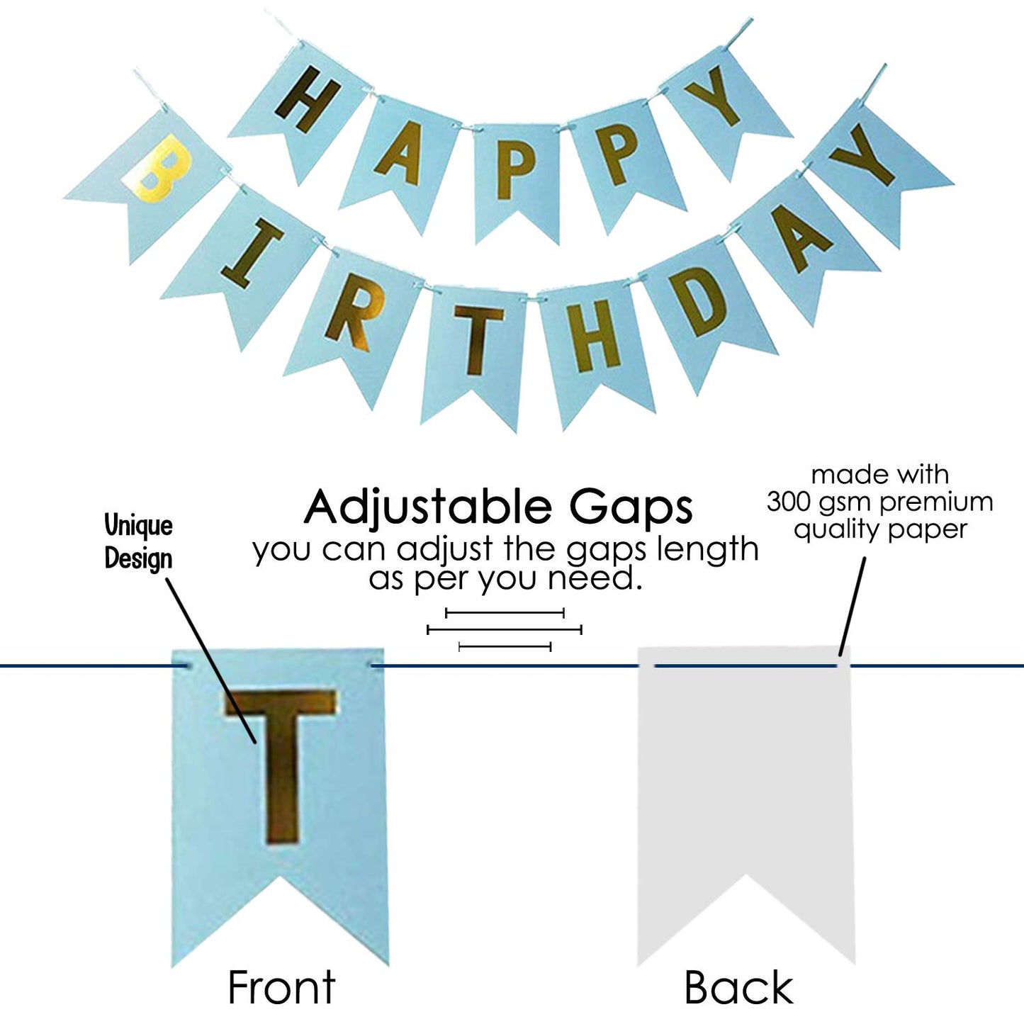 Blue Happy Birthday Banner with White Warm Led Light Set of 2