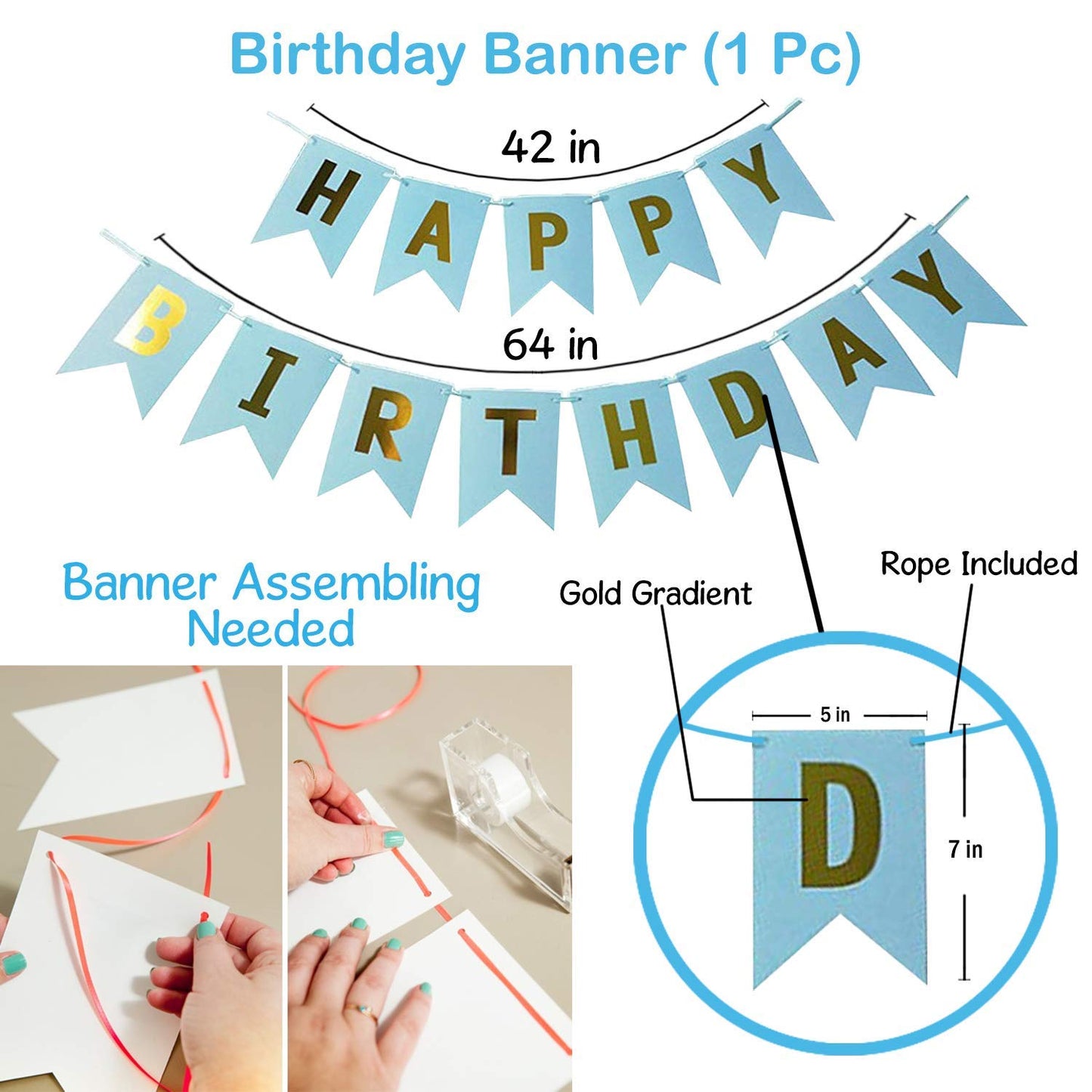 Blue Happy Birthday Banner with White Warm Led Light Set of 2