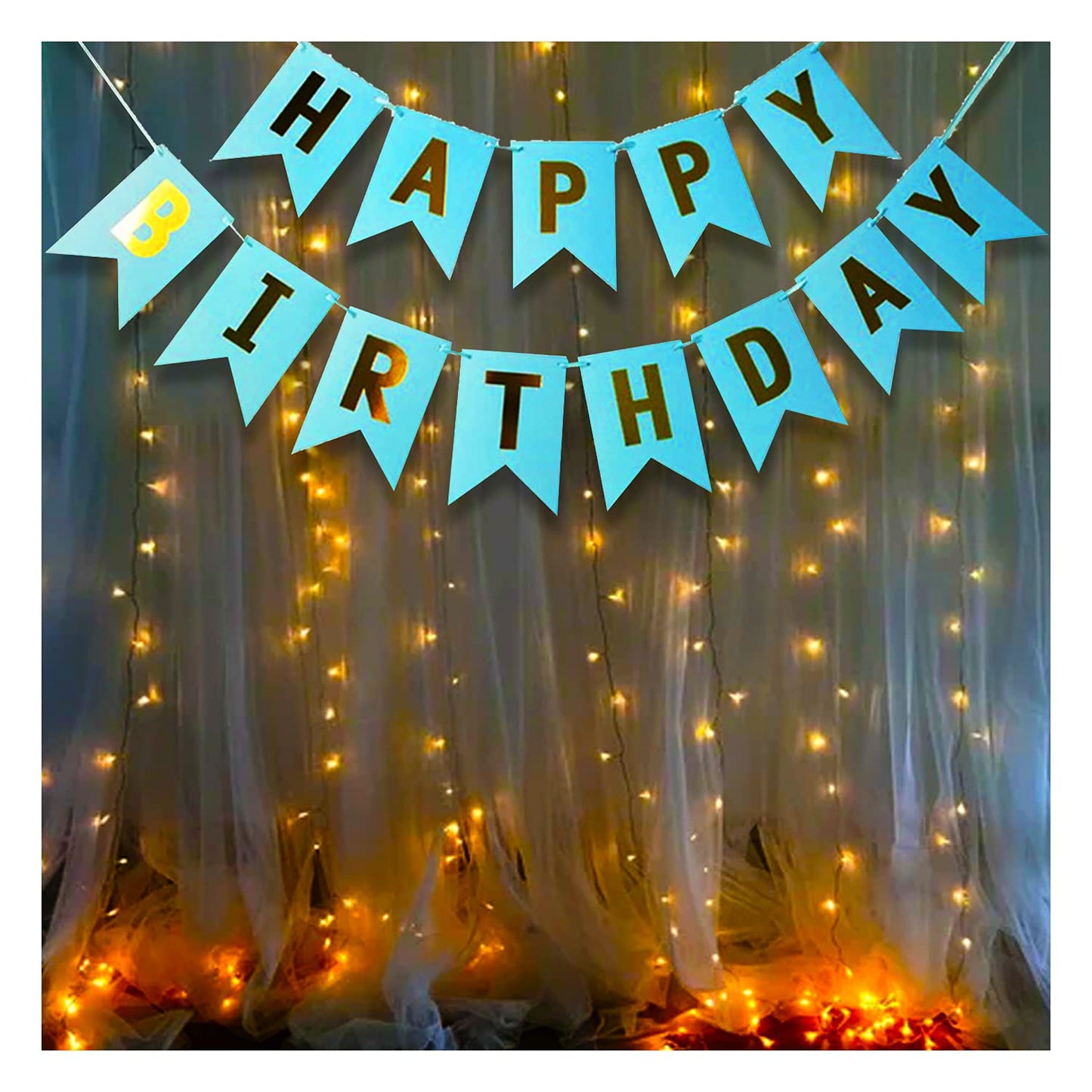 Blue Happy Birthday Banner with White Warm Led Light Set of 2