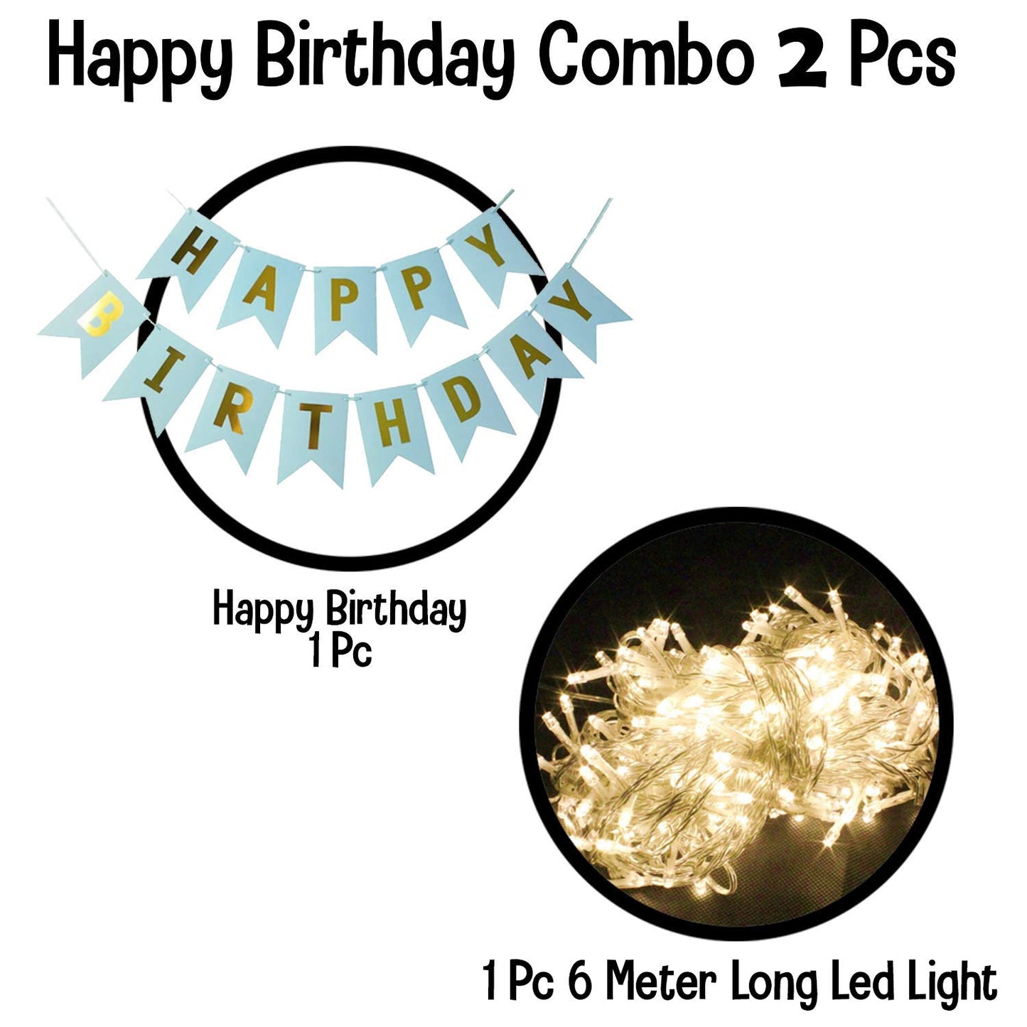 Blue Happy Birthday Banner with White Warm Led Light Set of 2