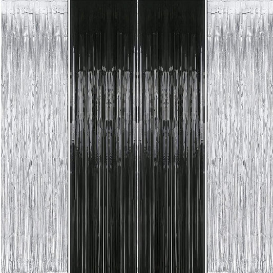 Silver & Black Metallic Tinsel Fringe Foil Curtains