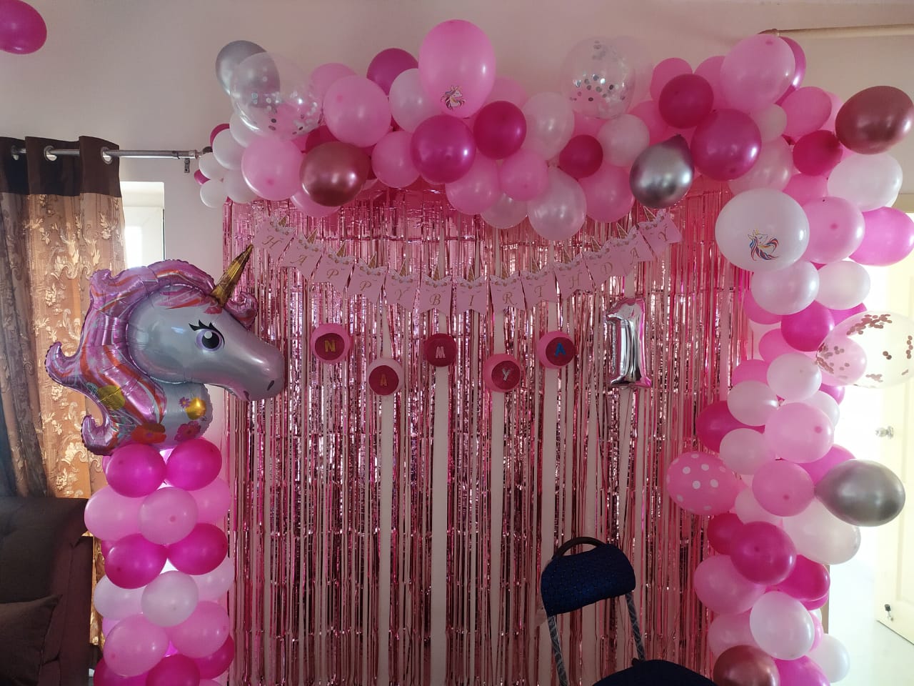 Pretty Pony Birthday Decoration With Pink, White, Grey & Brown Balloons.