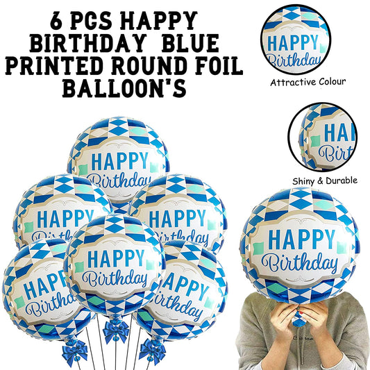 Happy Birthday Round Foil Balloons Blue Check Pack of 6