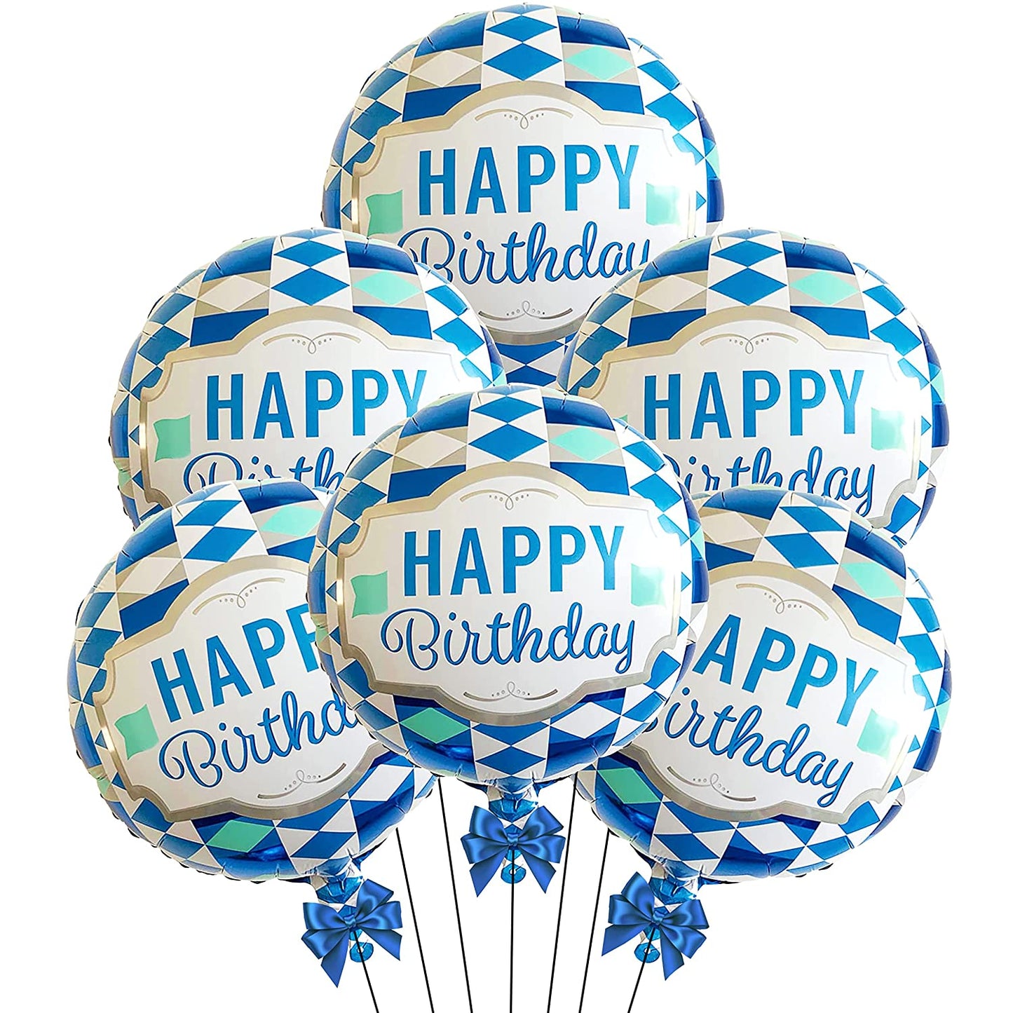 Happy Birthday Round Foil Balloons Blue Check Pack of 6