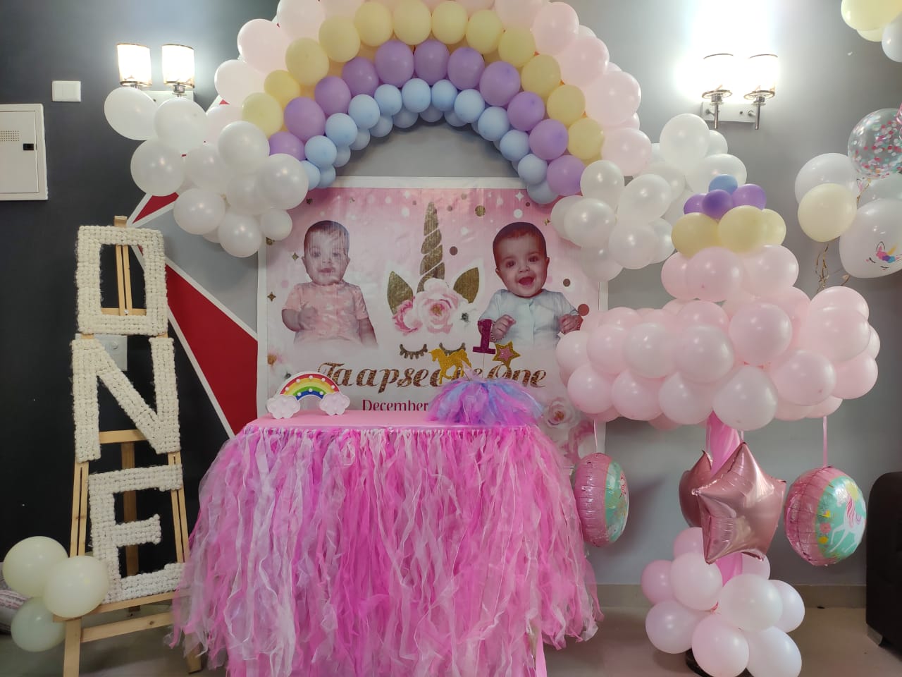 Cute Unicorn Theme Birthday Decoration With Pink, Yellow, Purple, Blue & White Balloons.