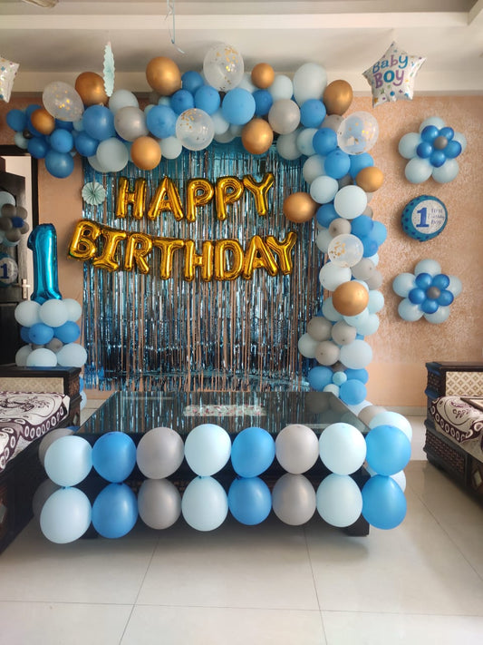 Blue, Golden & White Balloons Decoration For Boys With Foil Happy Birthday Banner & Metallic curtains.