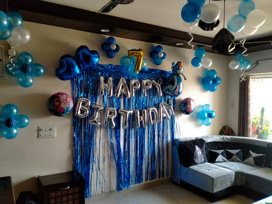 Frozen Theme Balloons Decoration With White, Navy Blue, Blue Balloons & Frozen Print Foil Balloons.