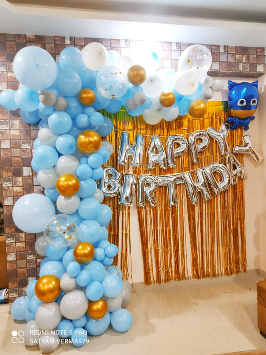 Golden, Blue, White Balloons With Golden Metallic Curtain & Happy Birthday Banner Foil, Avengers Foil Balloons.