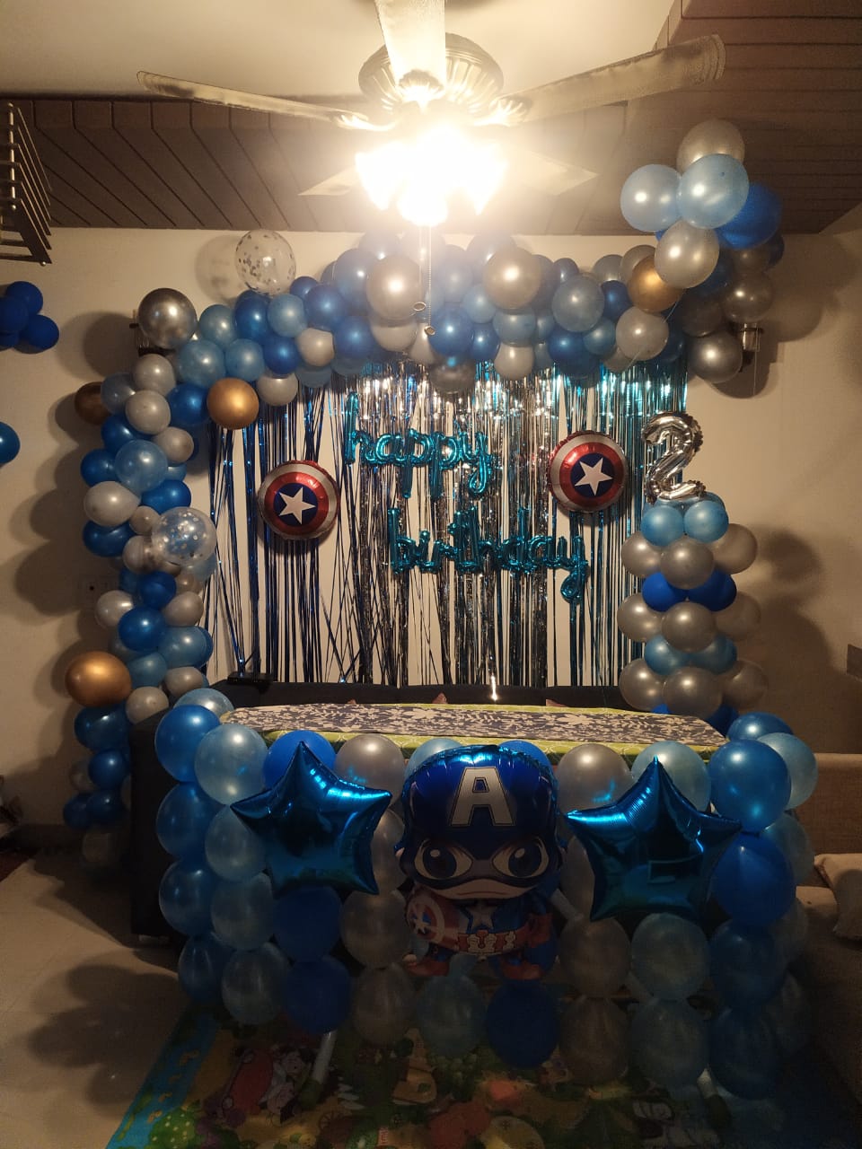 Avengers Theme Decoration With Blue, Navy Blue, Golden, Grey & white Balloons , Two Star Foil, Two Round Shape Foil Avenger Foil For Boys