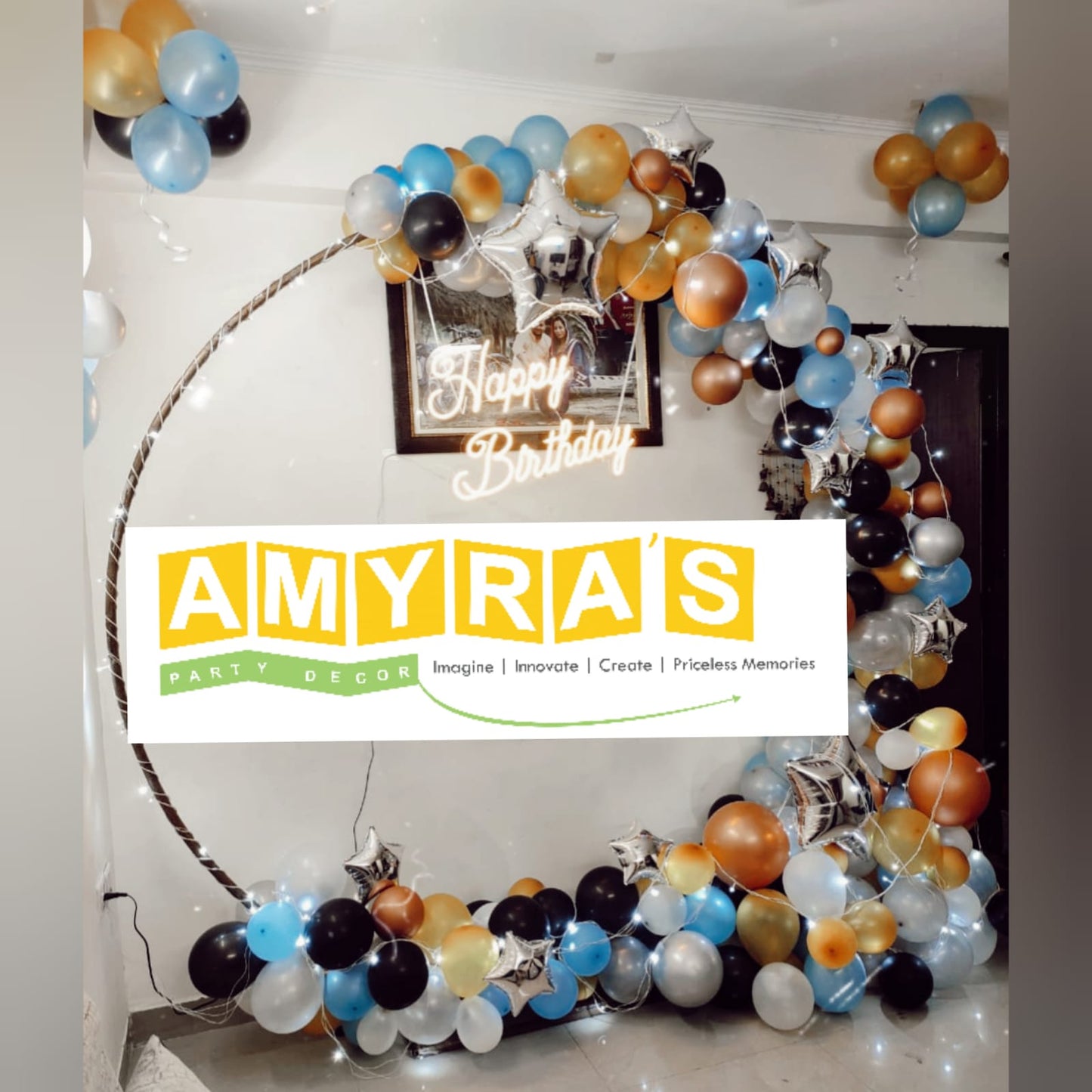 Innovative Birthday Decoration With Blue ,Brown, Golden, White & Black Balloons.